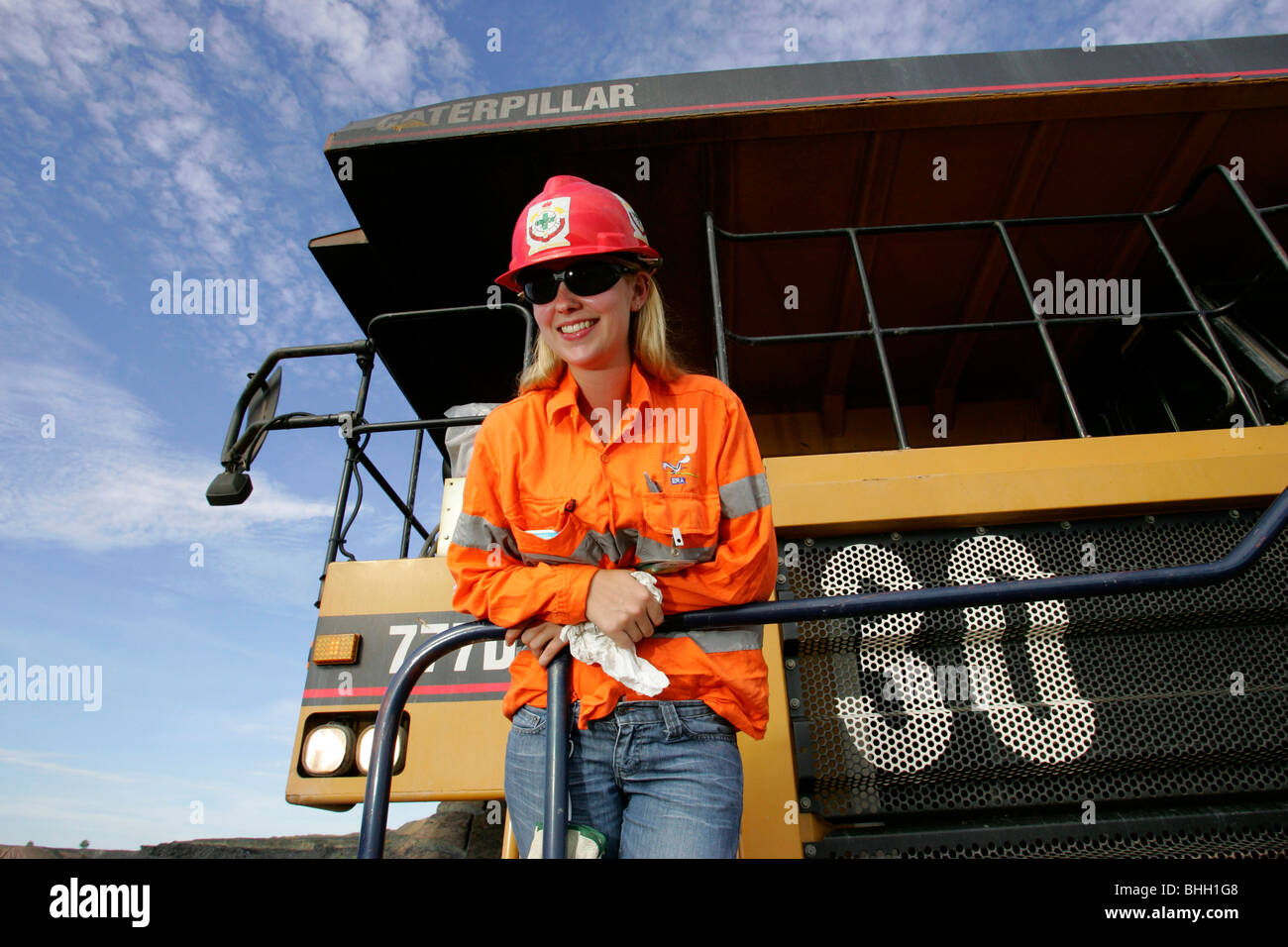 Mining operations in the main pit at Ranger Uranium Mine in the Northern Territory of Australia-haul truck driver Nicole Adams. Stock Photo