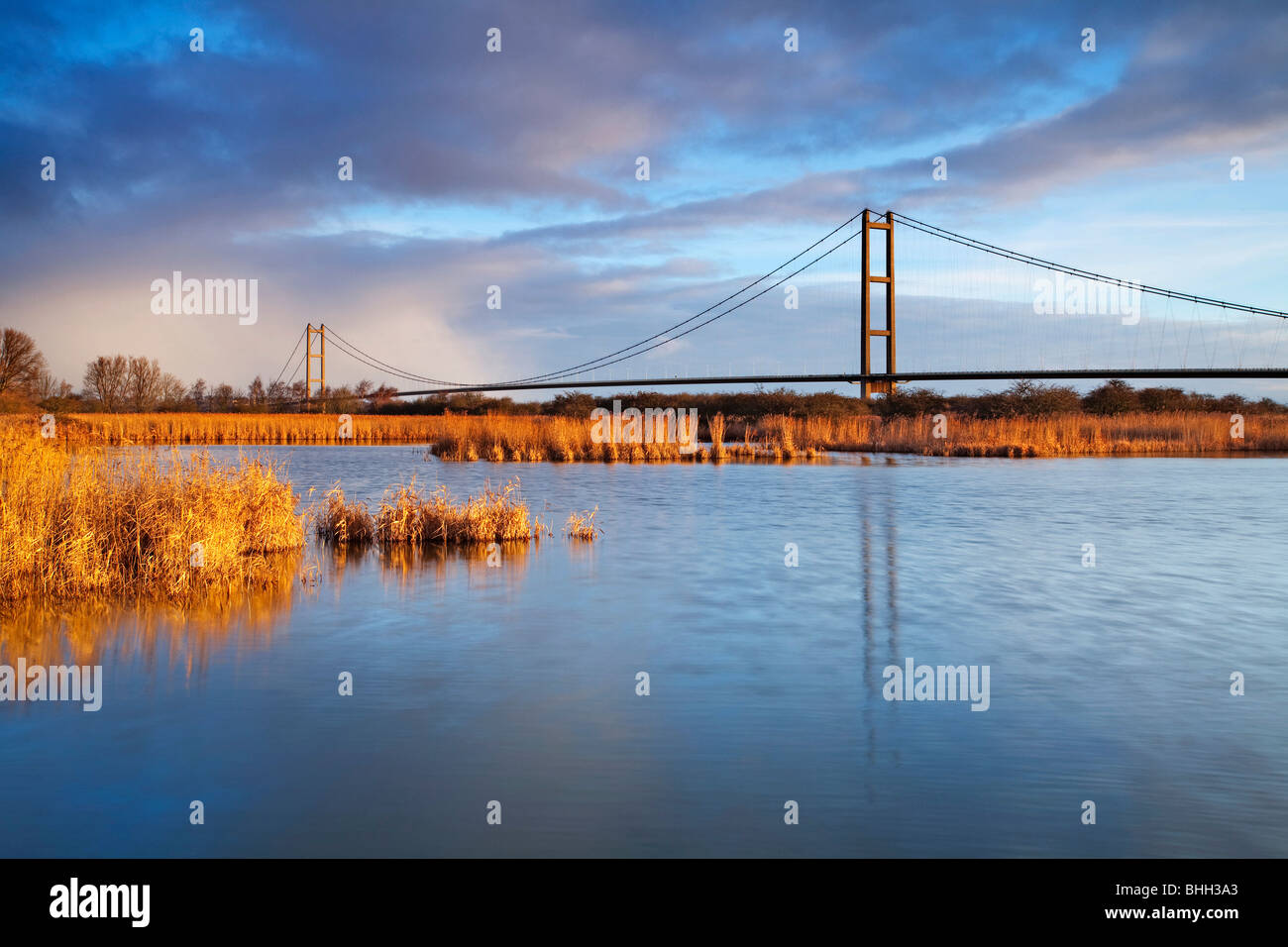 The Humber Bridge seen from the Far Ings National Nature Reserve in