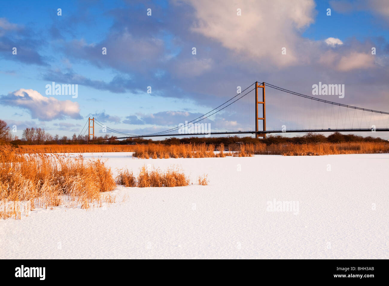 The Humber Bridge seen from the Far Ings National Nature Reserve in