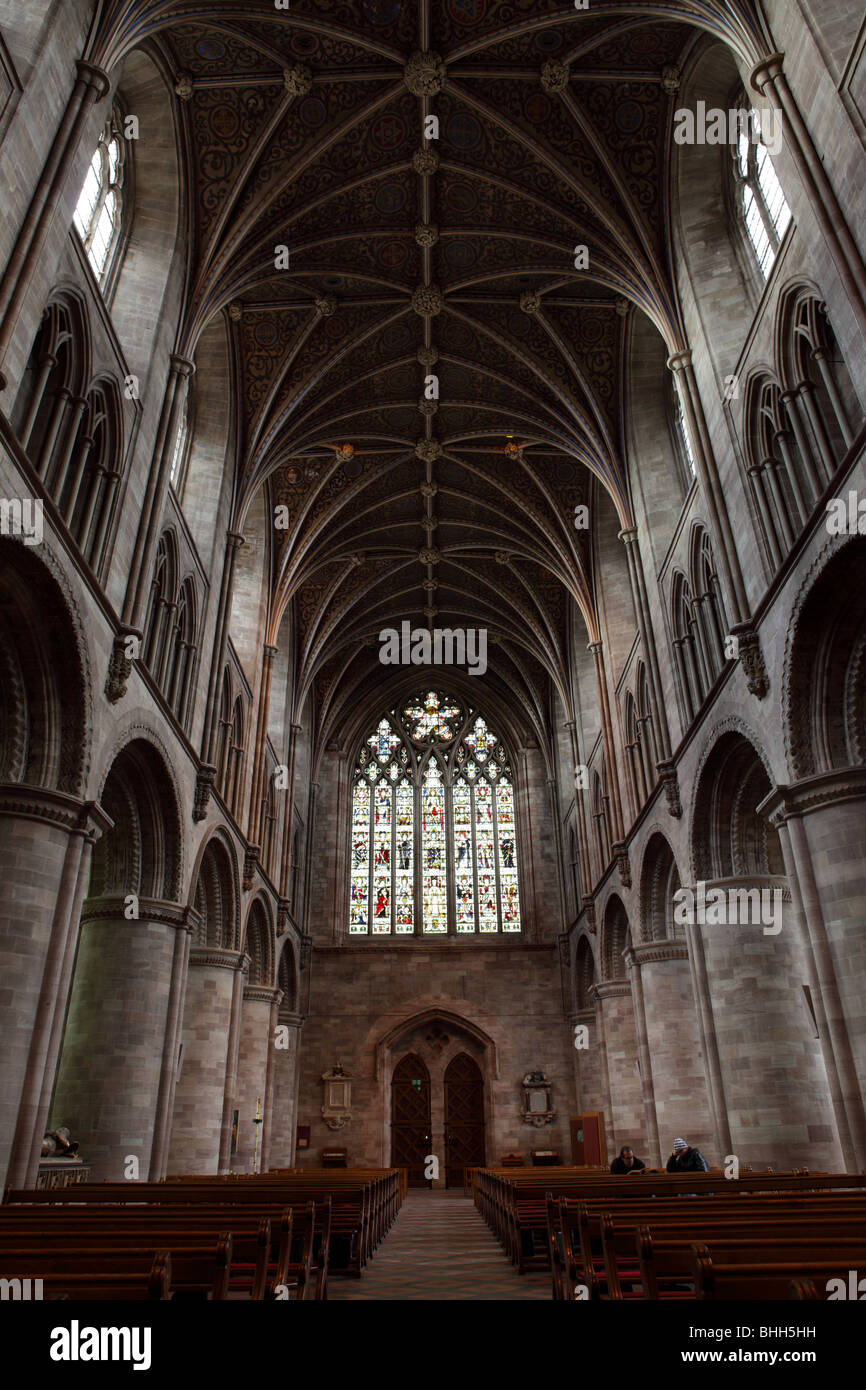 The grand Nave at Hereford Cathedral,bold,strong features adorn this wonderful view of English architecture. Stock Photo
