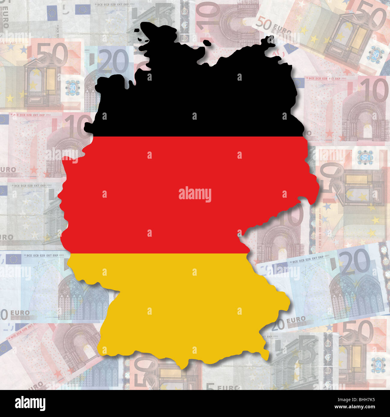 Map and flag of Germany with collage of colourful euro notes ...