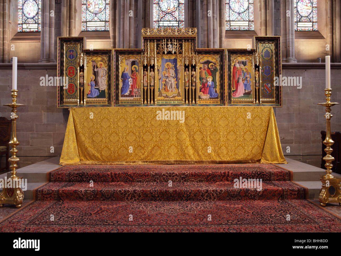 The Altar and Altar screen inside the Lady Chapel at Hereford Cathedral,a very comforting,quiet and peaceful place. Stock Photo