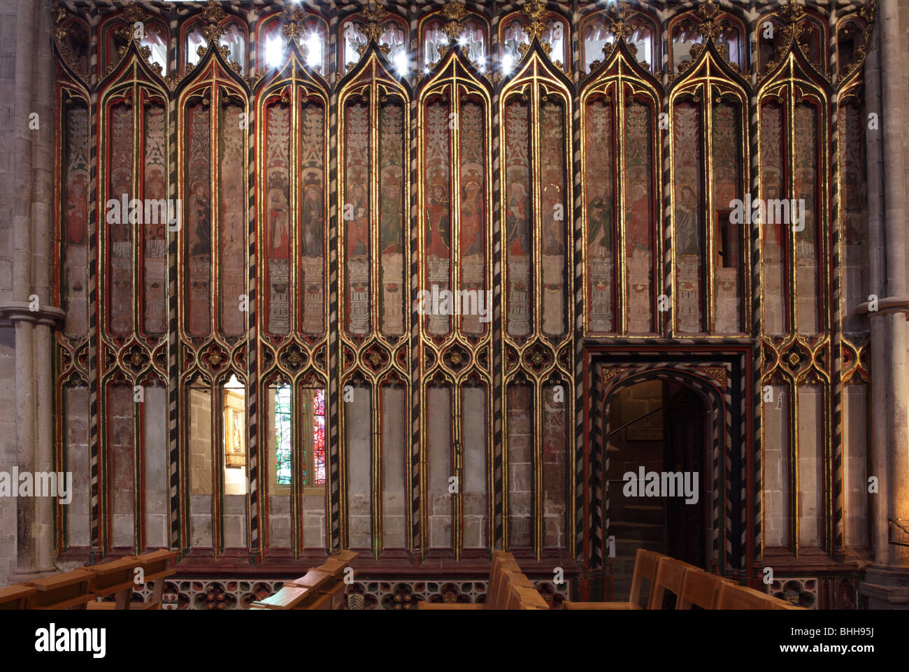 Religious screen in the Lady Chapel on the south side of the Lady Chapel at Hereford Cathedral,doorway to The Chantry. Stock Photo