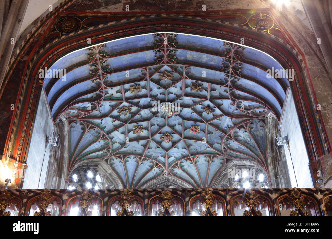 The beautiful adorned Early English Chantry  ceiling at Hereford Cathedral,part of the Lady Chapel with public access denied. Stock Photo
