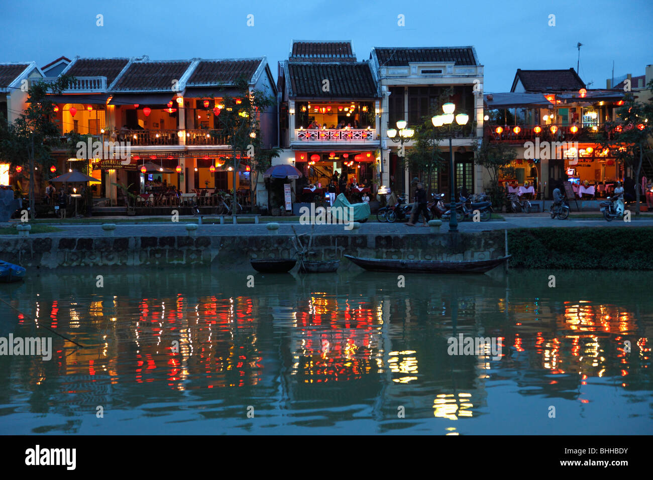 Vietnam, Hoi An, Thu Bon River, old houses at night, Stock Photo