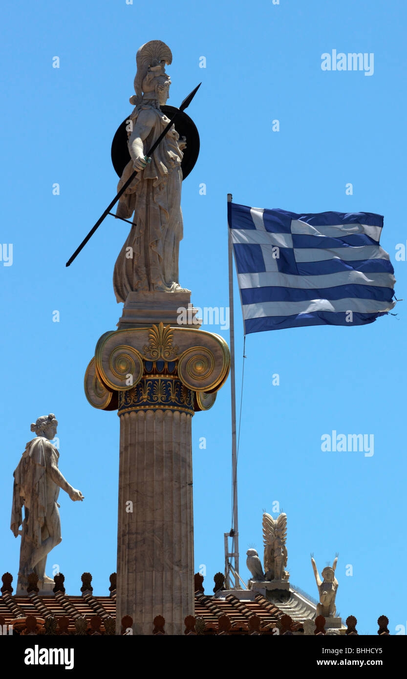 Statue of Athena Goddess of Athens and Heroes Academy Building Athens Greece Stock Photo