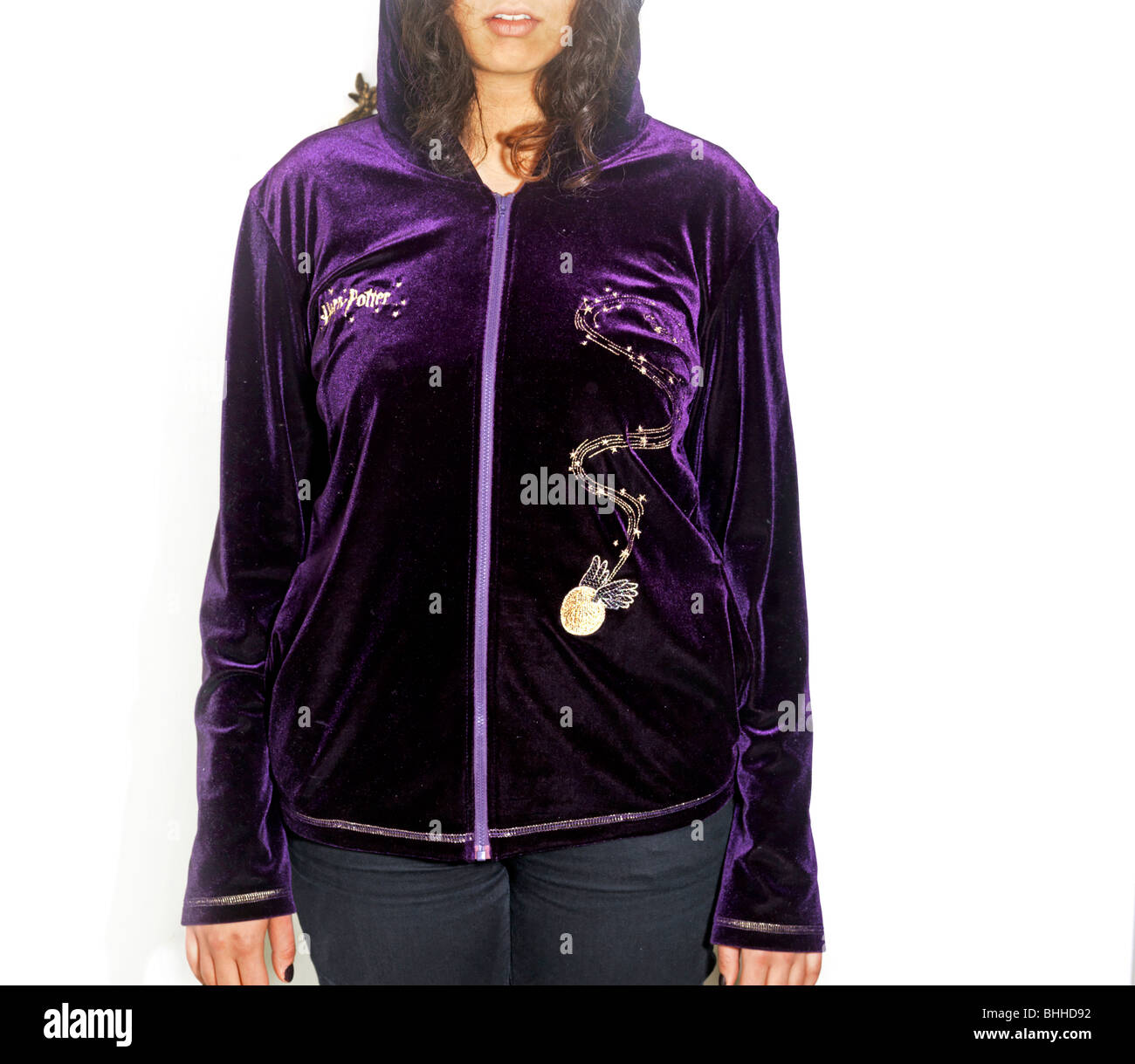Harry Potter Purple Velvet Jacket showing Snitch Embroidered in Gold Stock Photo