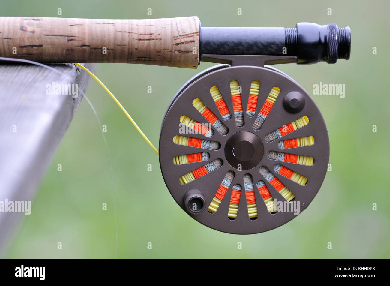 Fly rod and reel, close-up, Sweden. Stock Photo
