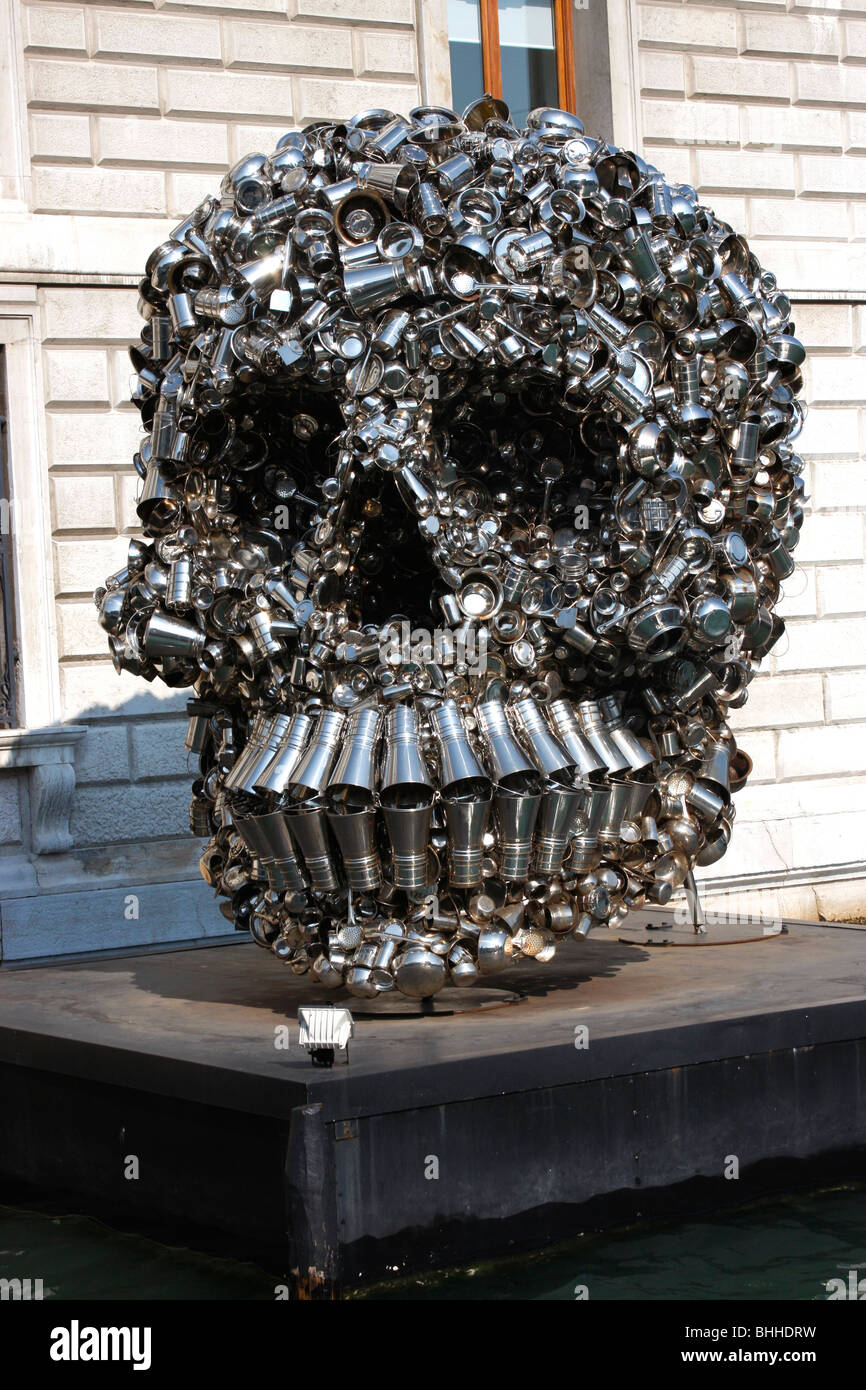 Subadh Gupta's stainless steel skull on show at the Palazzo Grassi as part of the Venice Biennali exhibition,Venice ,Italy Stock Photo