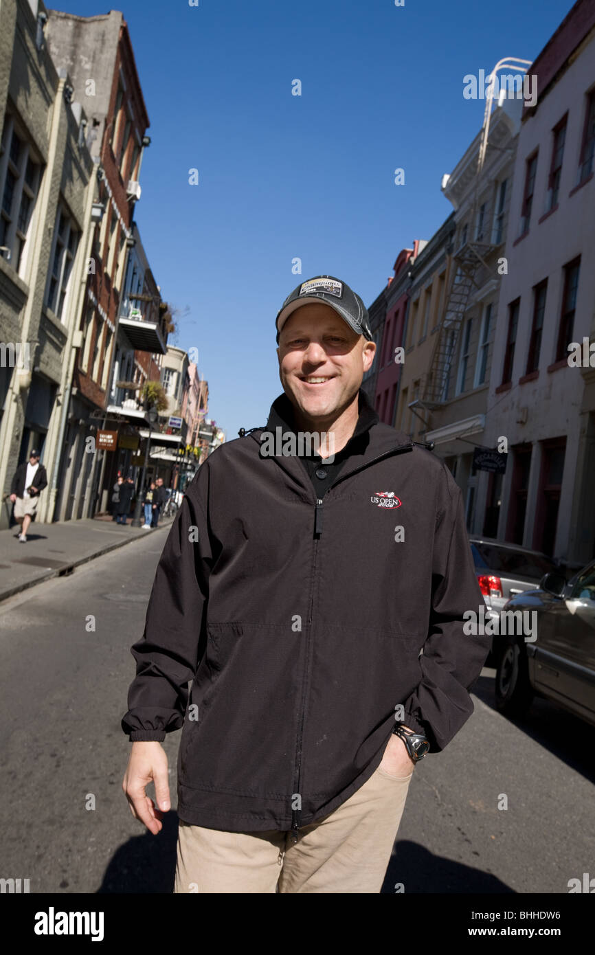 Mayor of New Orleans, Mitch Landrieu, walking around French Quarter the day after his election, Feb 7 2010 Stock Photo