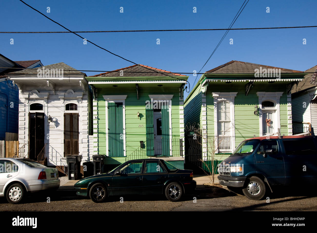 Typical shotgun homes, Fauborg Marigny district, New Orleans, Louisiana Stock Photo