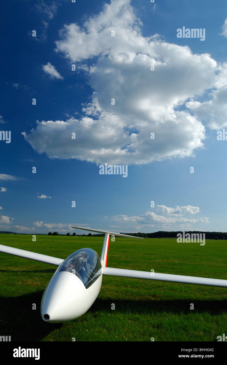 Twin seats glider Duo Discus parked on green grass of Sarreguemines airfield under big white Cumulus cloud Stock Photo