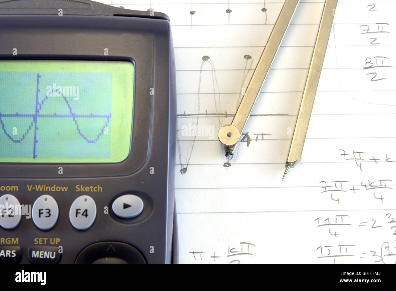 sinus math with calculator and compasses Stock Photo