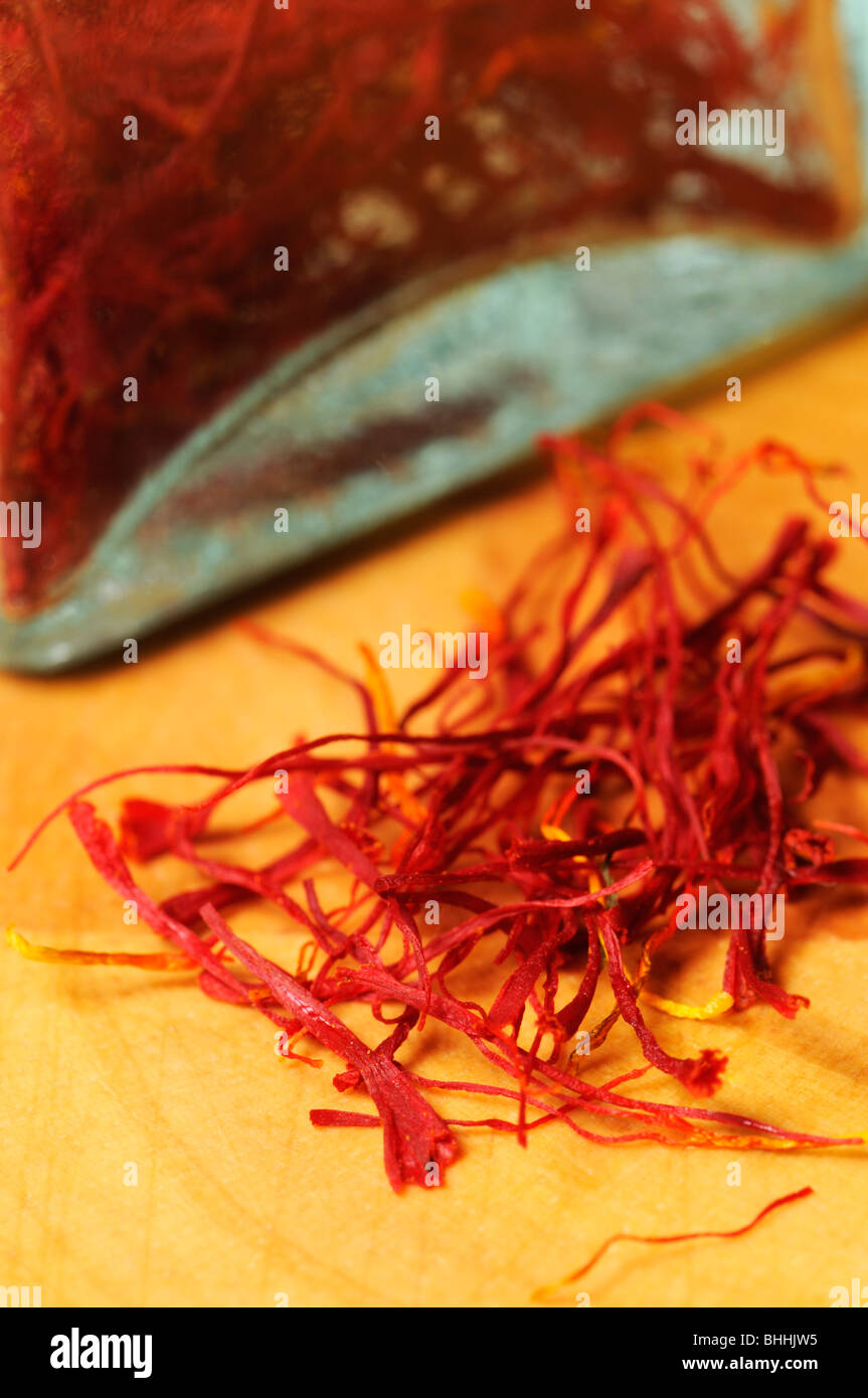 Saffron on chopping board Stock Photo