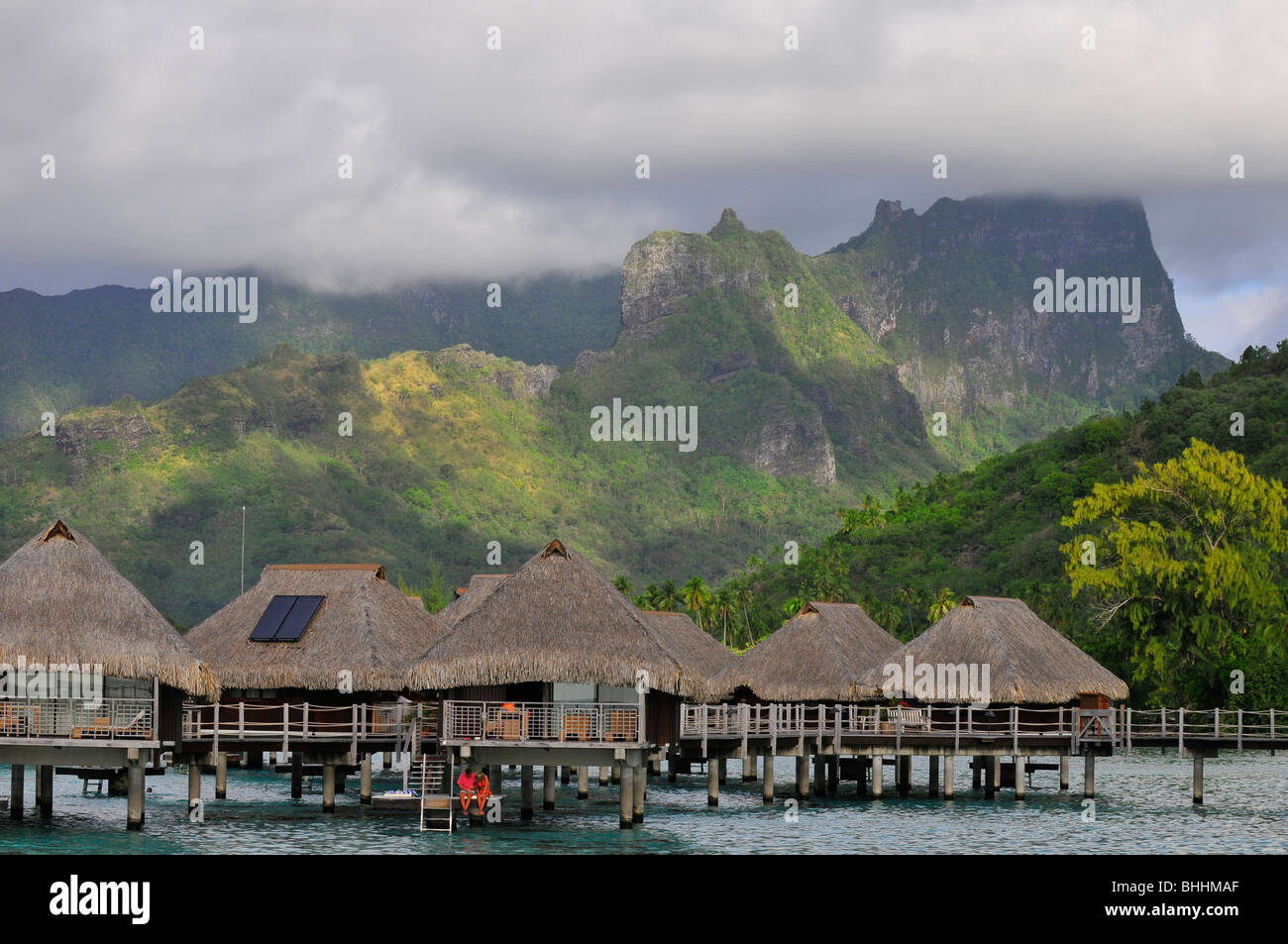 Overwater bungalows in Moorea, French Polynesia Stock Photo