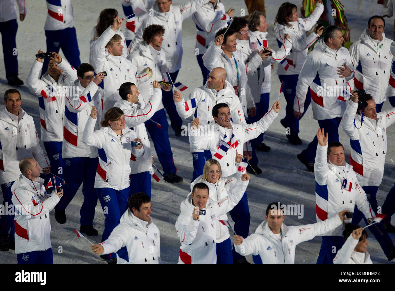 French athletes marching in at the opening ceremonies of the 2010 Olympic Winter games, Vancouver, British Columbia. Stock Photo