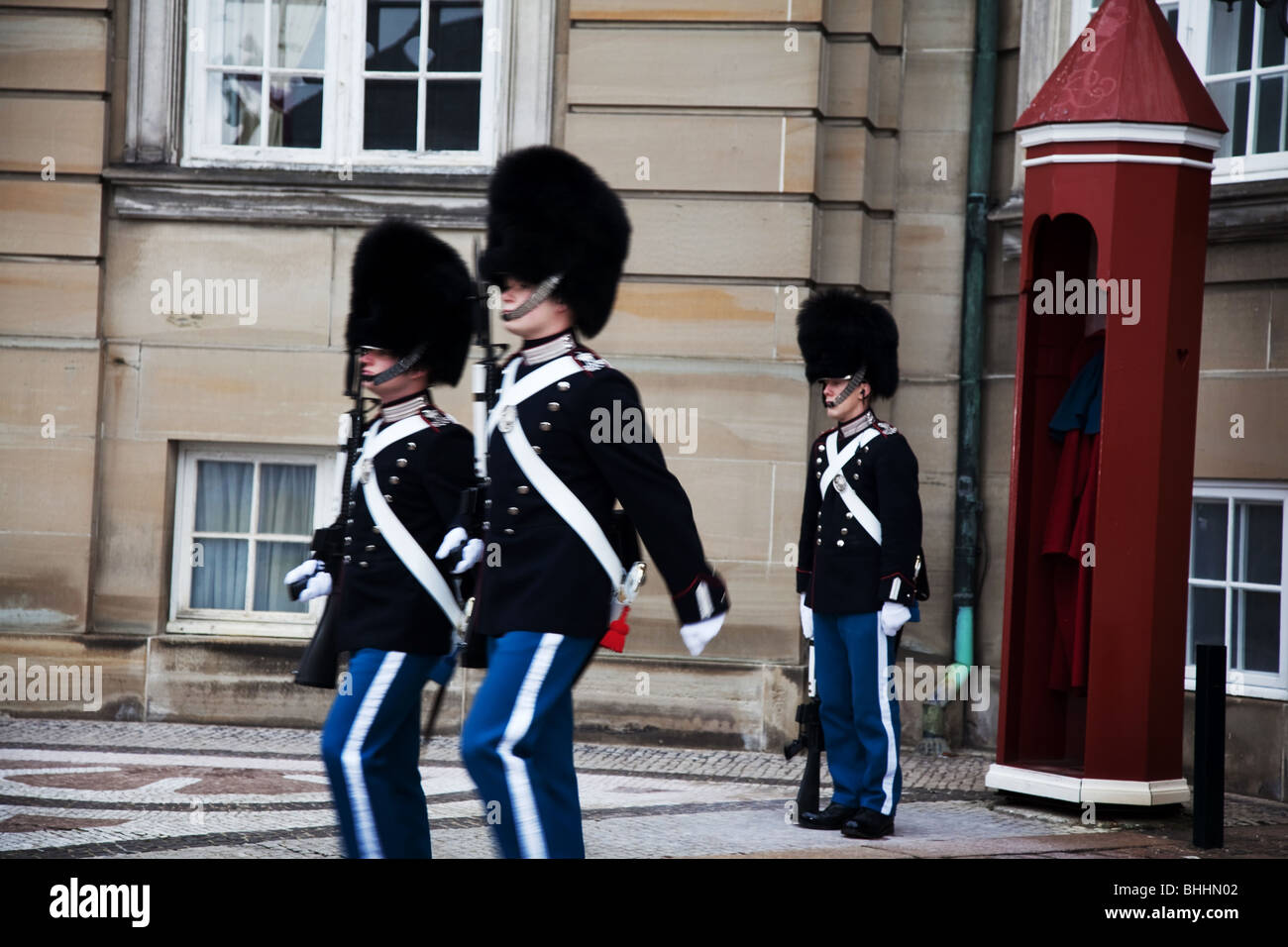 The Queen's Guards changing guard at Amalienborg Slot Stock Photo