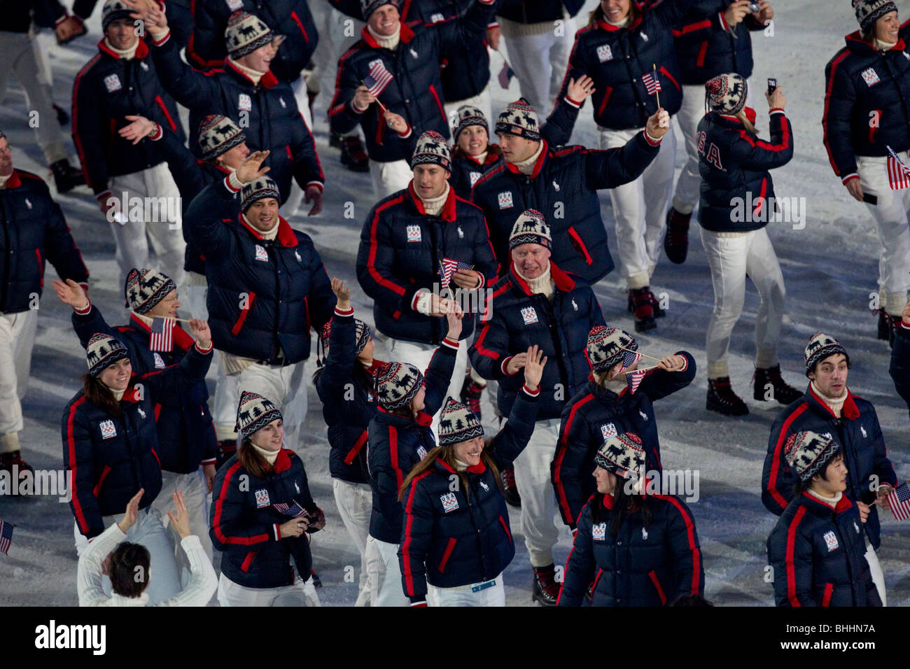 USA athletes marching in at the opening ceremonies of the 2010 Olympic Winter games, Vancouver, British Columbia. Stock Photo