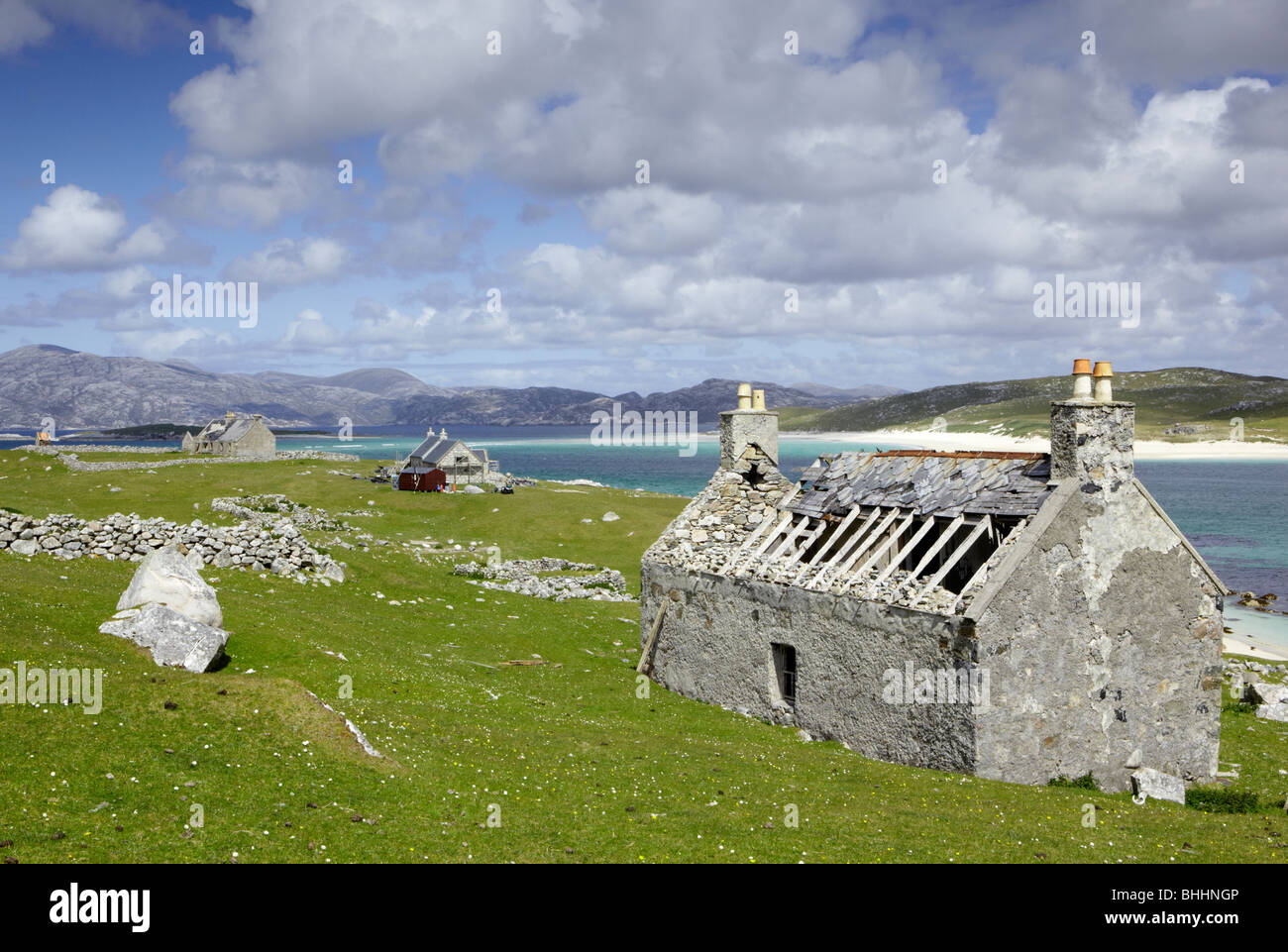 Remains of the abandoned settlement on the Hebridean island of Scarp, Scotland Stock Photo