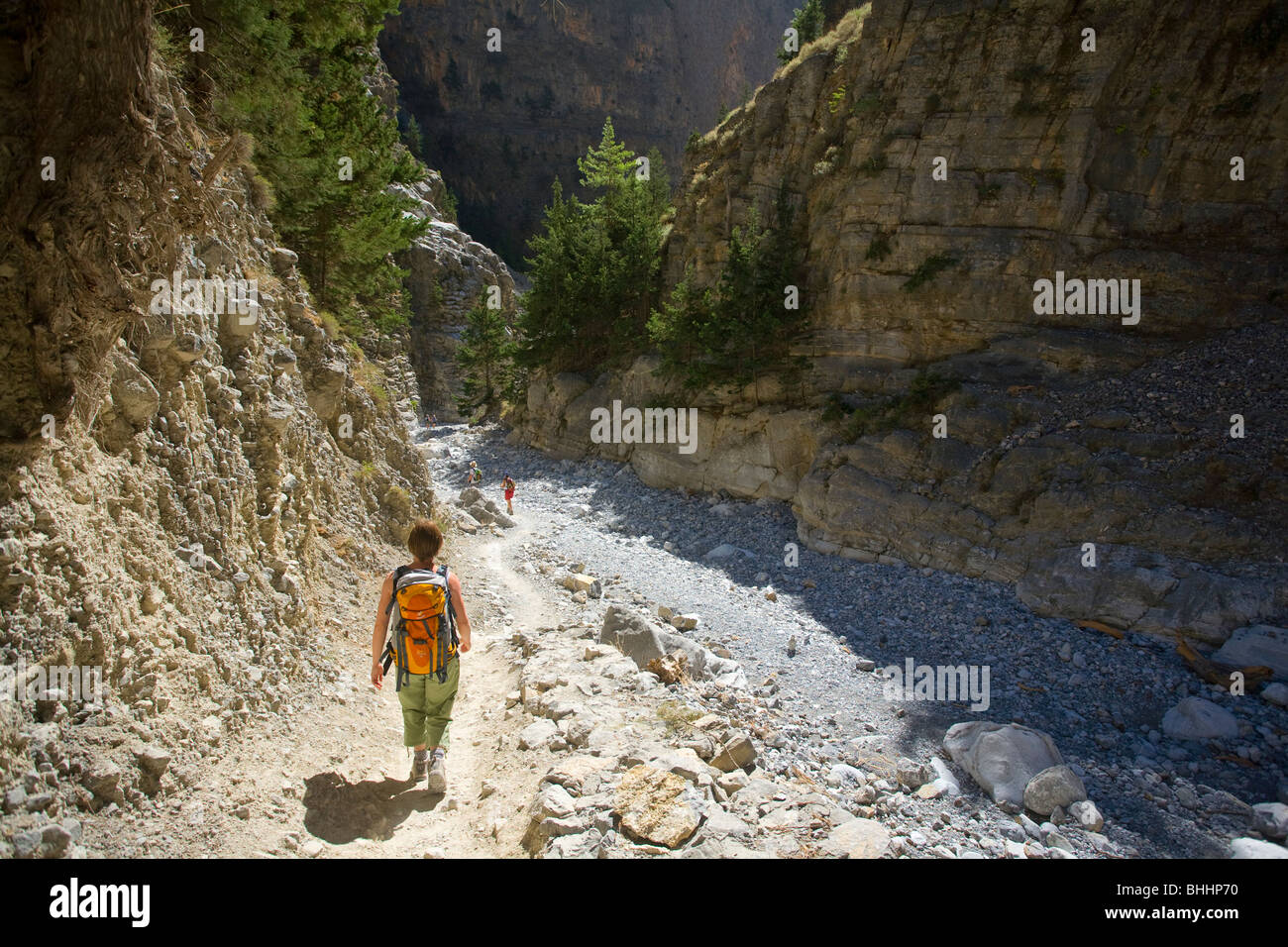 Hikers in the Samaria Gorge, Samaria National Park, Crete, Greece. Stock Photo