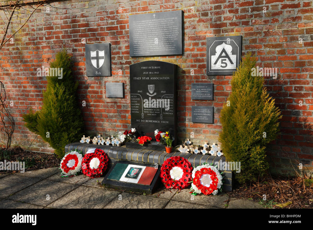 The Italy Star association memorial with wreaths around it. Stock Photo