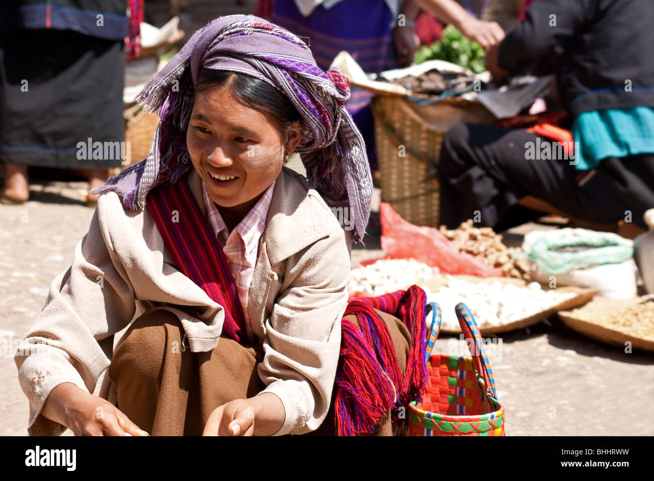 Burmese woman vendor in Shan State, Myanmar (Burma) Stock Photo