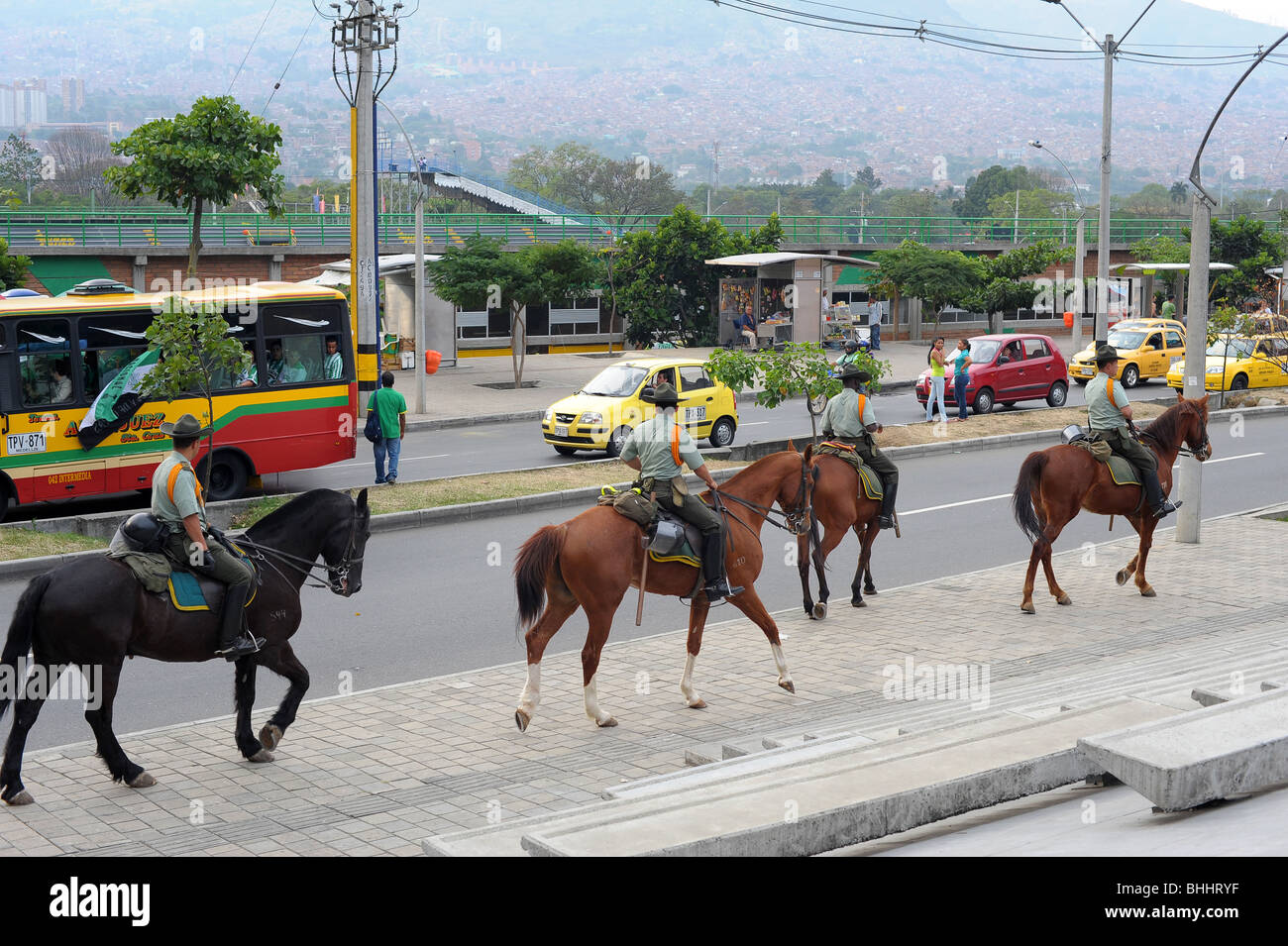 Police security patrol on horseback in central Medellin, Colombia