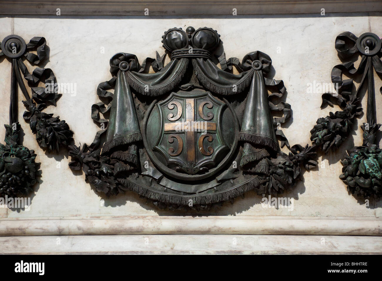 Serbian Coat of arms - Emblem detail from the monument Mihailo Obrenovic in Republic Square in Belgrade Stock Photo