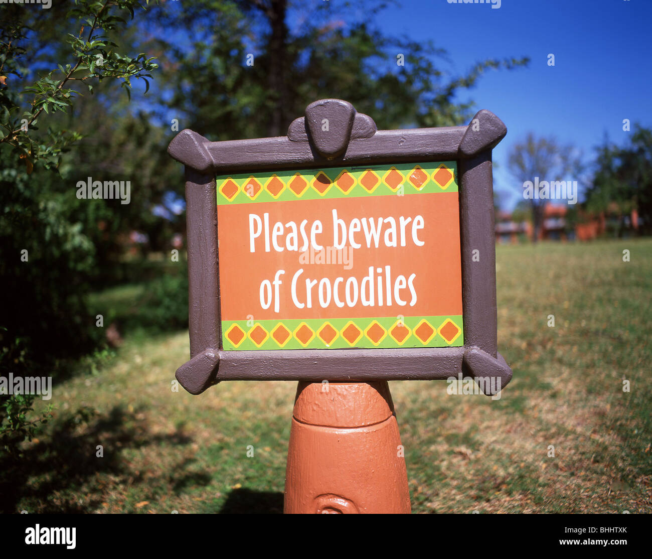 'Beware of cocodiles' sign, Zambesi Sun Hotel, Victoria Falls, Livingstone, Southern Province, Republic of Zambia Stock Photo