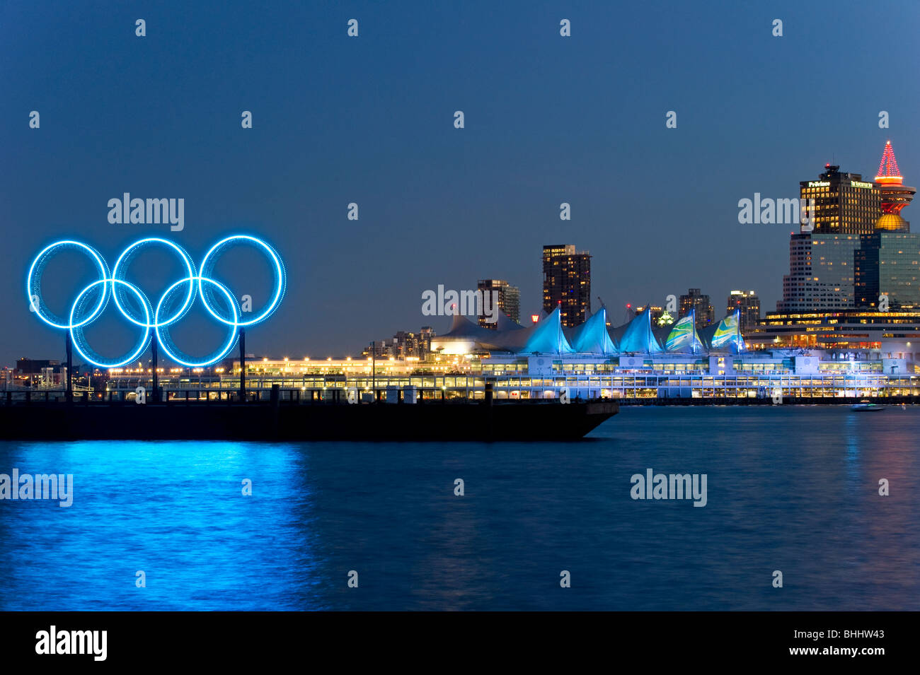 Vancouver skyline during the 2010 Winter Olympics with the Olympic Rings Stock Photo