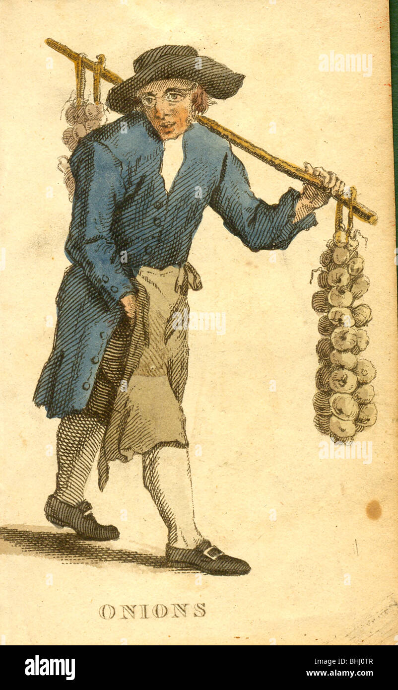 Hand coloured print of Itinerant onion seller circa 1840 Stock Photo