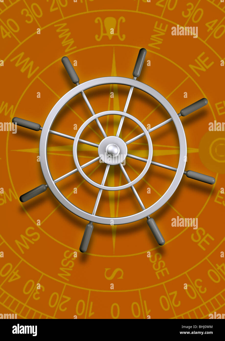 silver steering wheel on a background with compass rose Stock Photo