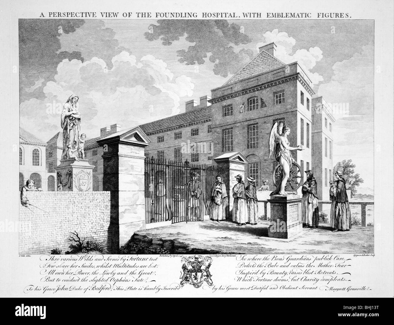 'A Perspective View of the Foundling Hospital with Emblematic Figures', 1749. Artist: Charles Grignion Stock Photo
