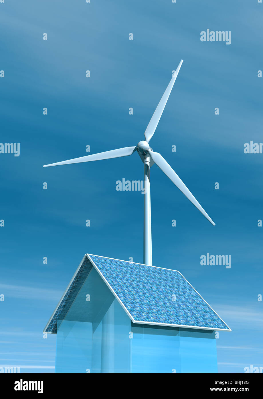 Solar Energy House and a wind power generator - Solarstrom Haus und Windkraftanlage Stock Photo