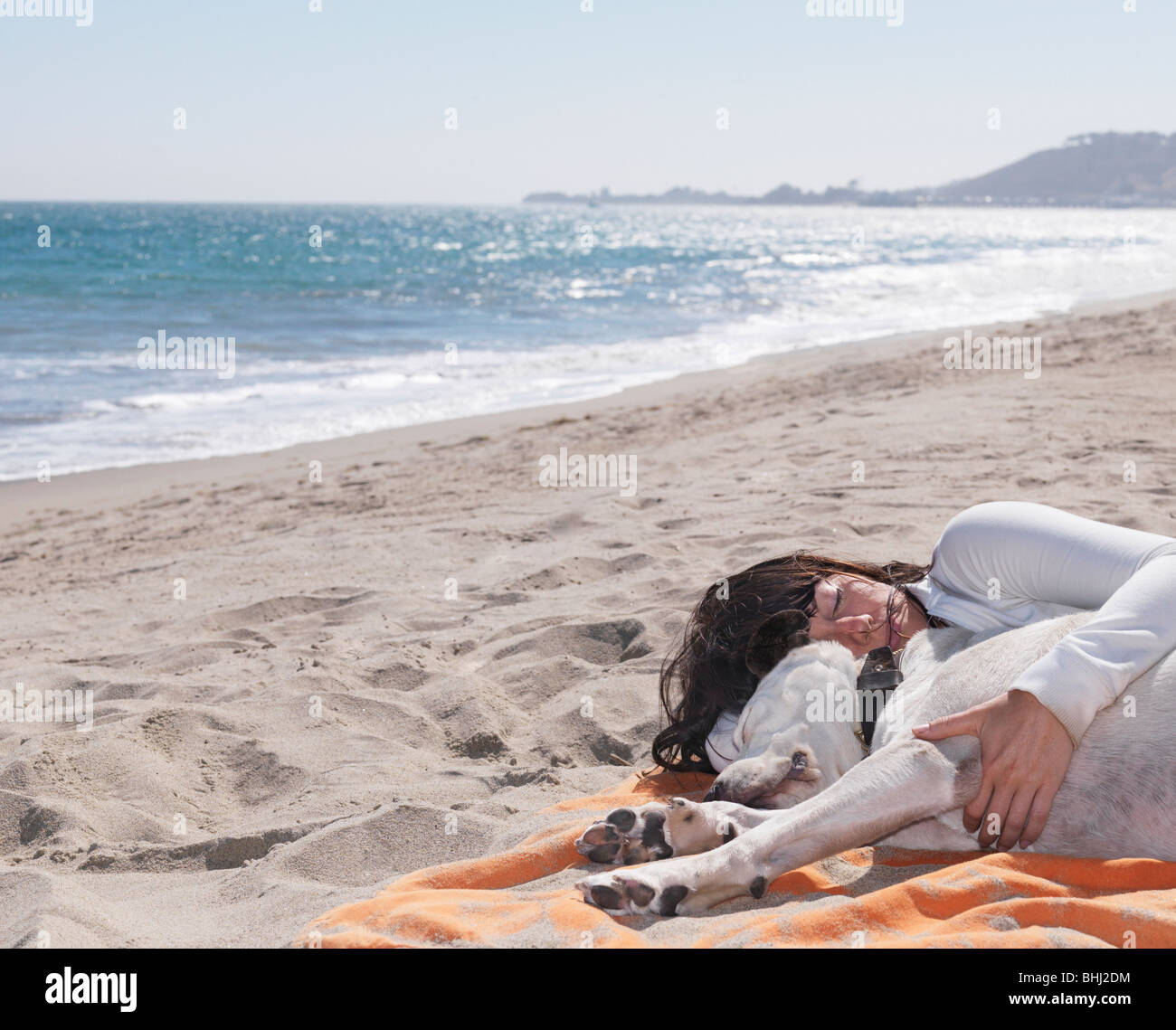 Woman and dog relaxing on beach Stock Photo