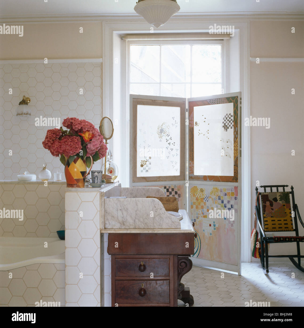 Marble Topped Antique Washstand In White Townhouse Bathroom With