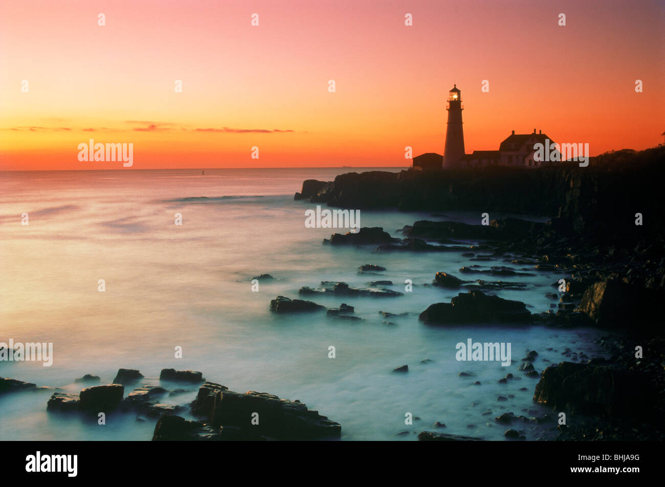 Portland Head Lighthouse at Cape Elizabeth on the Atlantic Coast of Maine in dawn light Stock Photo