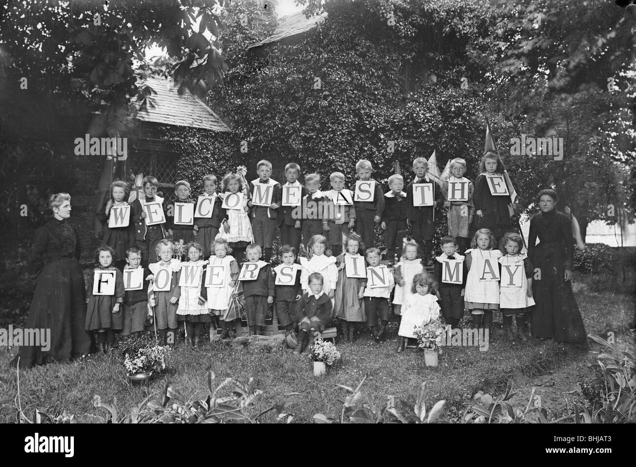 Children outside Badby School, Northamptonshire, c1896-c1920. Artist: A Newton Stock Photo