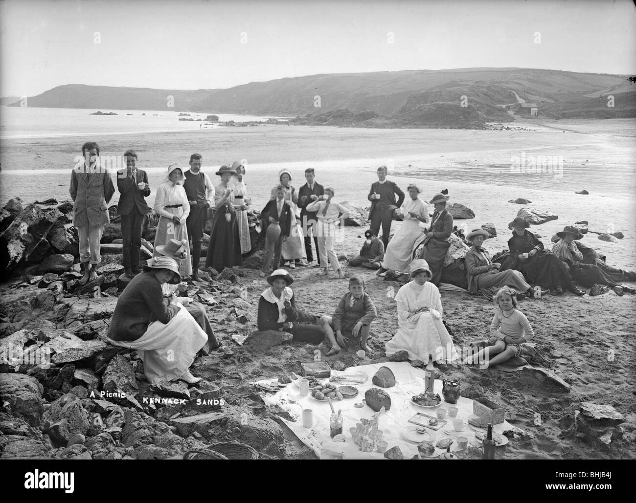 A picnic on the beach, Kennack Sands, Cornwall, c1896-c1920. Artist: Alfred Newton & Sons Stock Photo