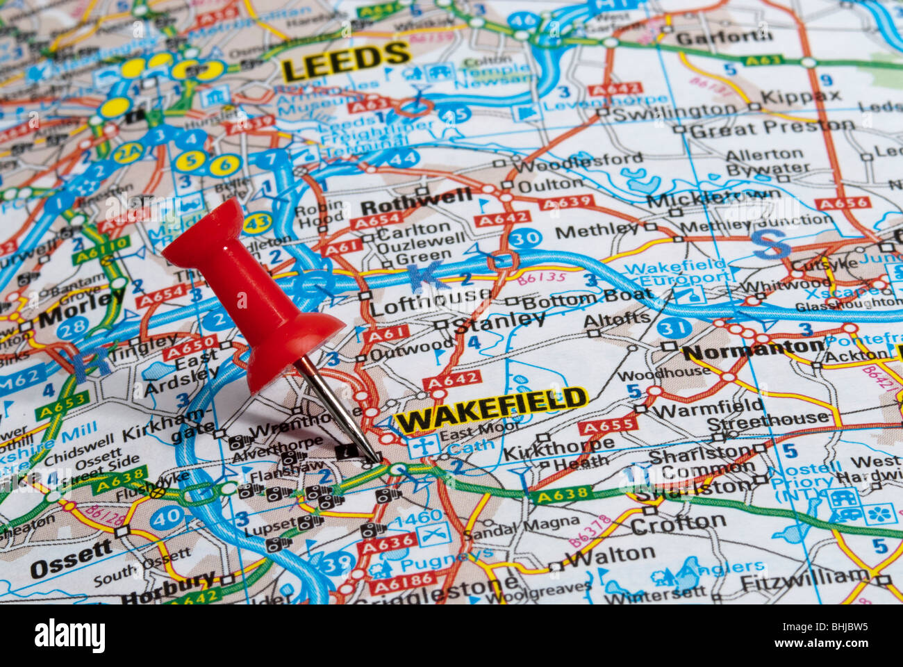 red map pin in road map pointing to city of Wakefield Stock Photo