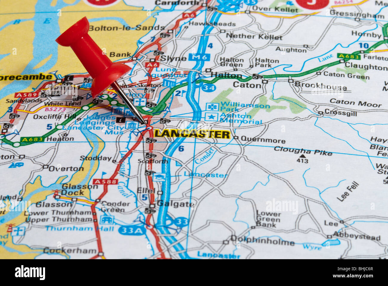 red map pin in road map pointing to city of Lancaster Stock Photo