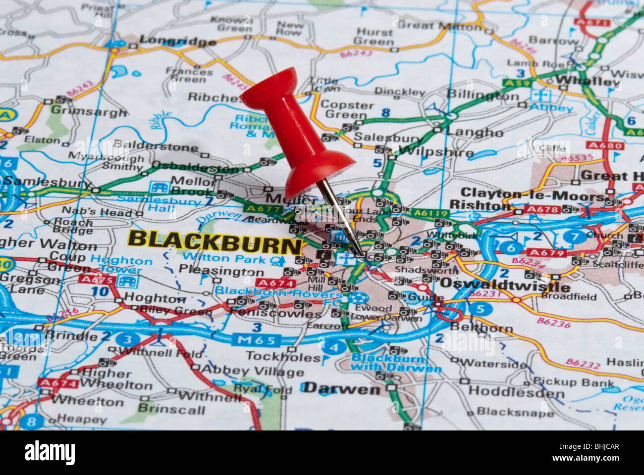 red map pin in road map pointing to city of Blackburn Stock Photo