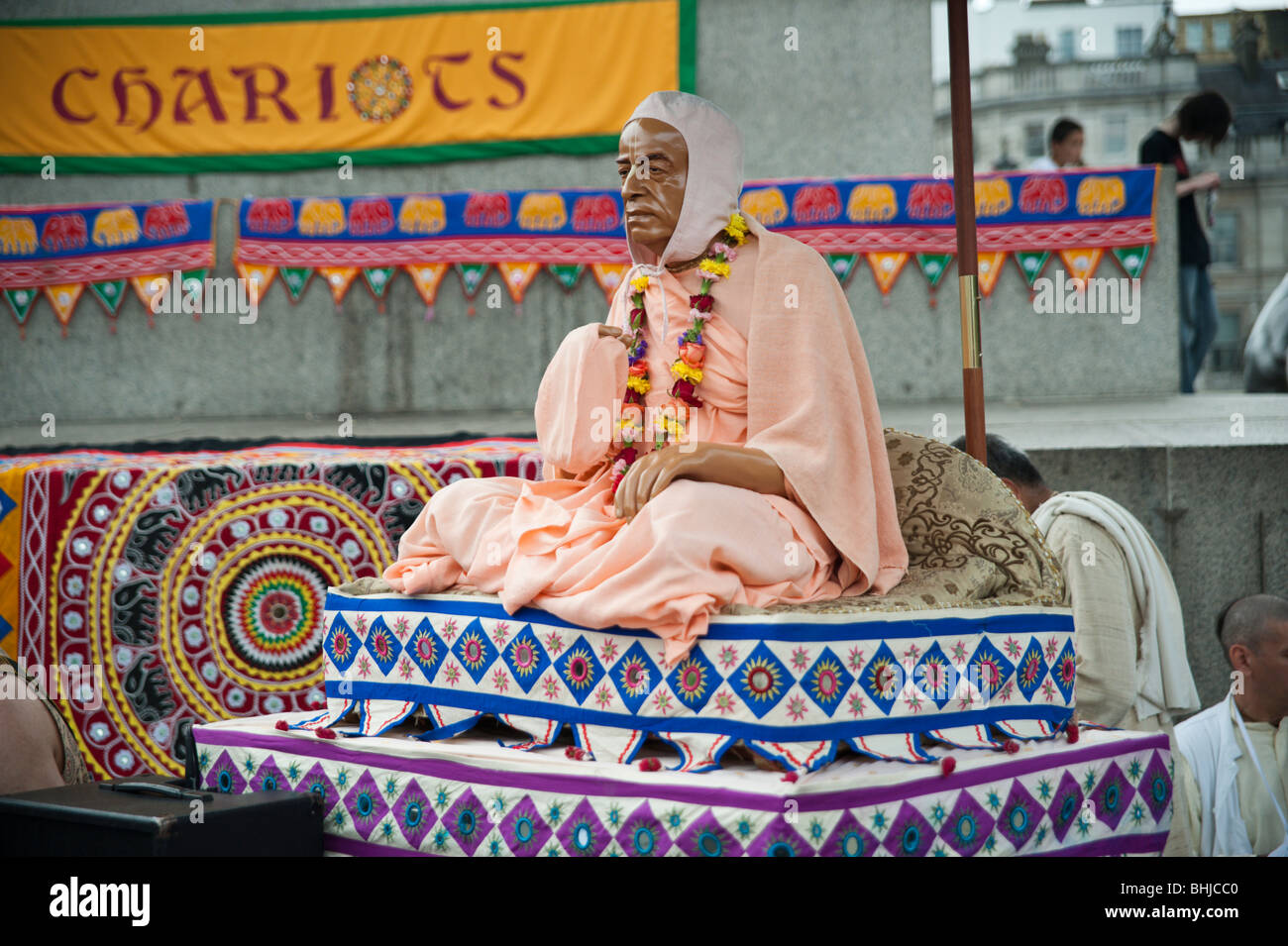 Rathayatra chariot festival, London.  An effigy of the founder of ISKCON, A.C. Bhaktivedanta Swami Prabhupada in Trafalgar Sq. Stock Photo