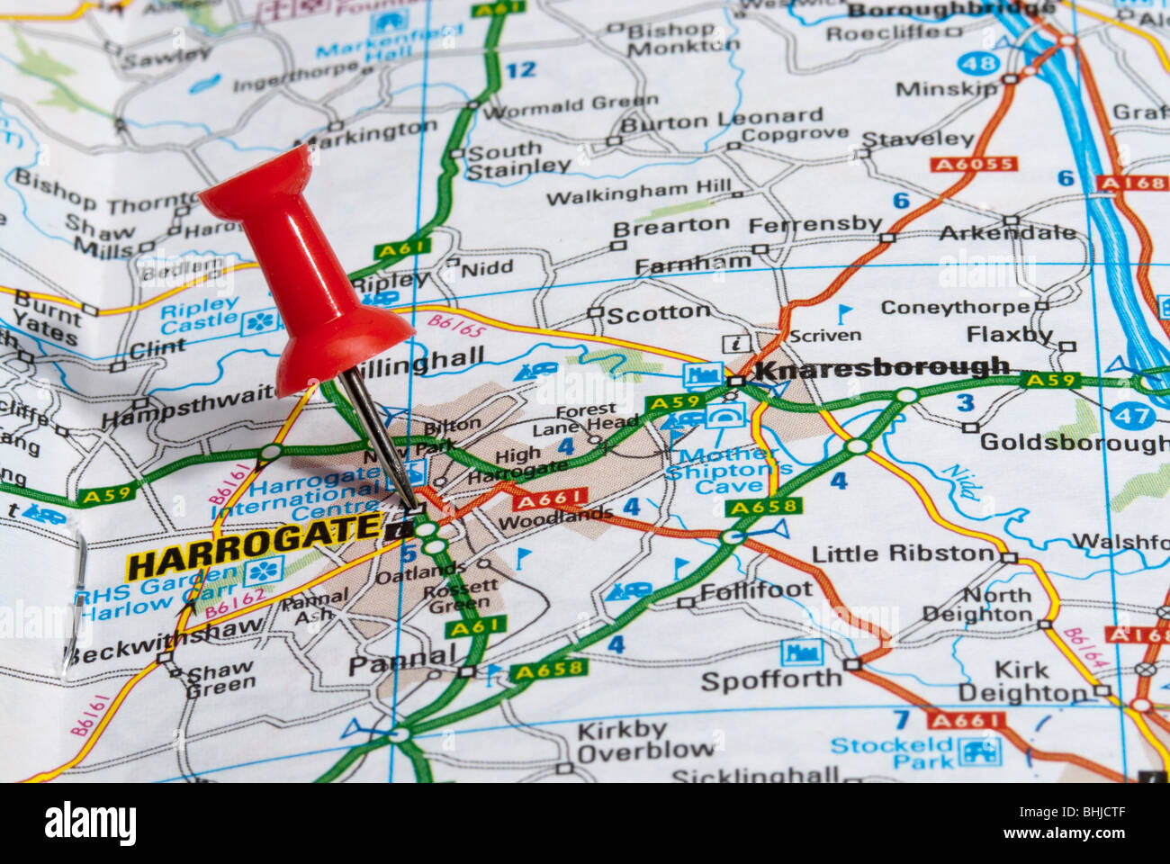 red map pin in road map pointing to city of Harrogate Stock Photo