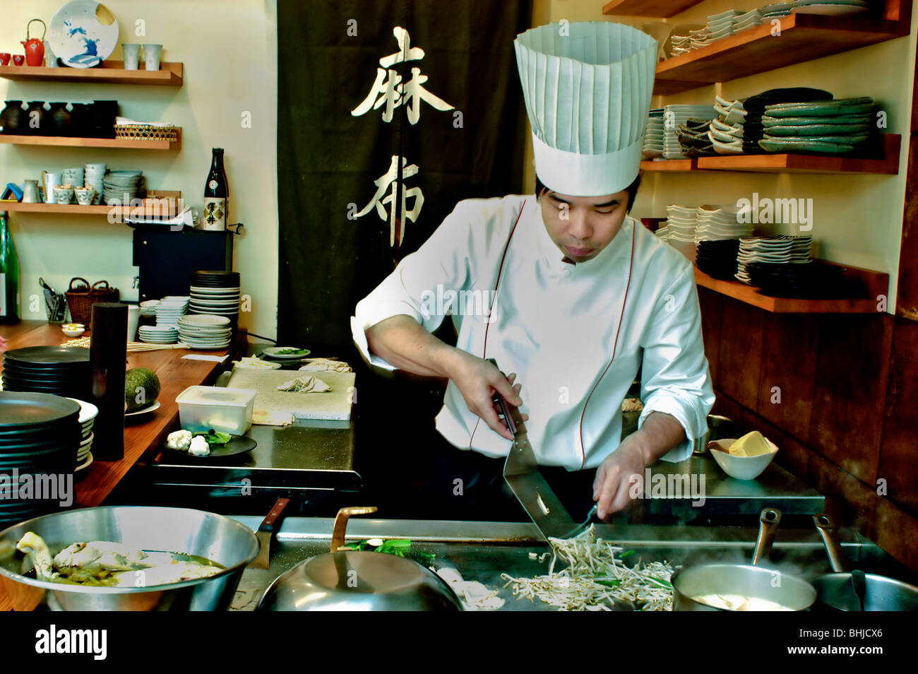 Paris, France, - Modern Japanese Restaurant Interior, Chef Working on