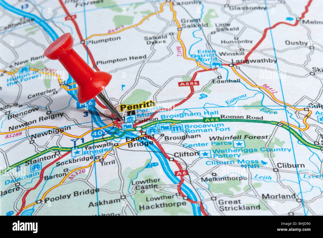 red map pin in road map pointing to city of Penrith Stock Photo Alamy