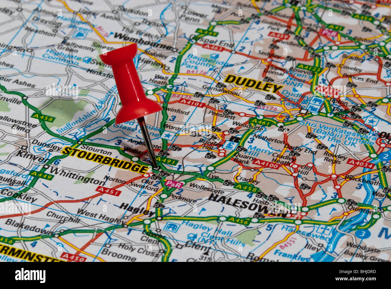 red map pin in road map pointing to city of Stourbridge Stock Photo