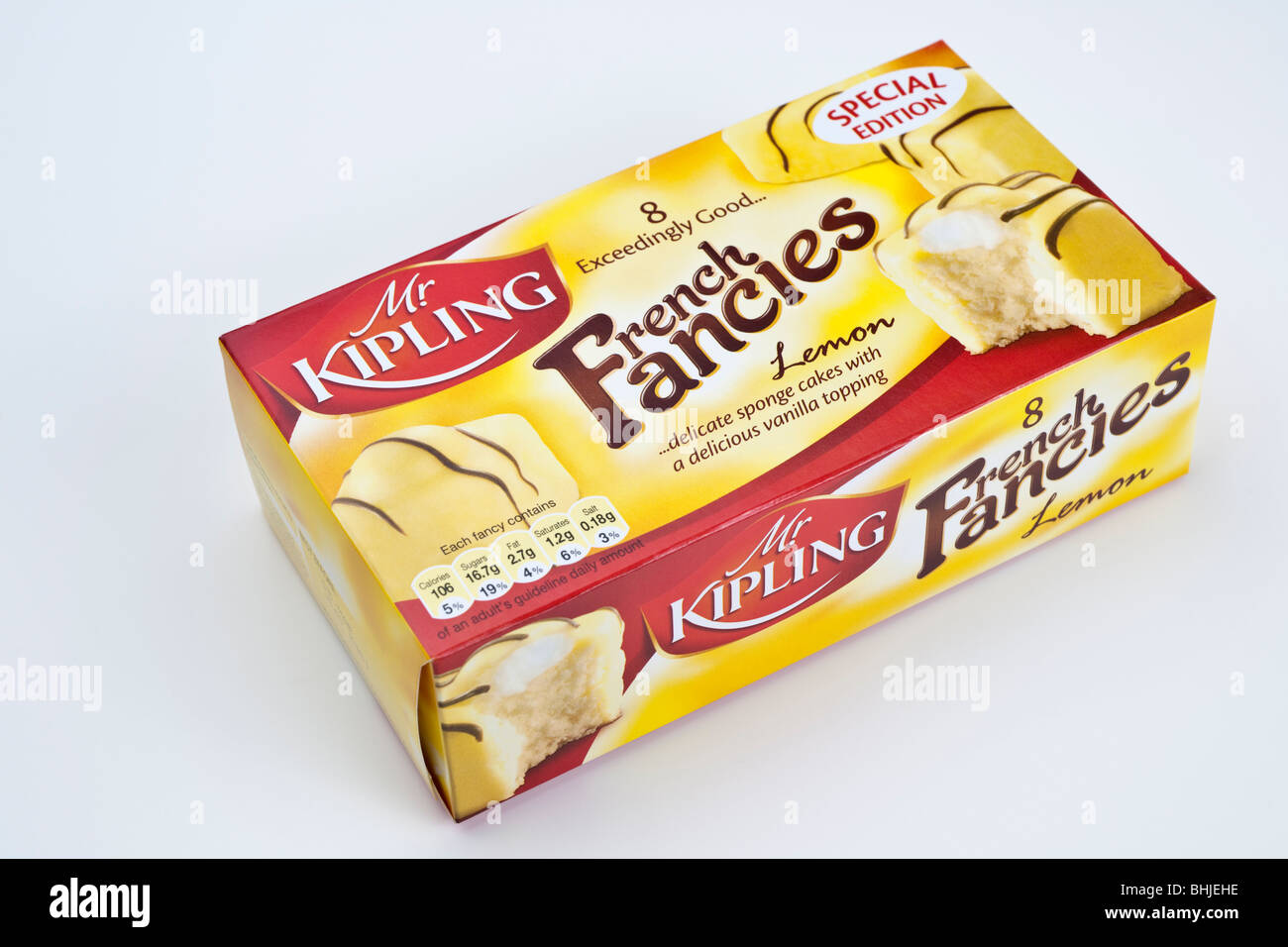 Box of 8 Mr Kipling Lemon French Fancies sponge cakes with vanilla topping Stock Photo