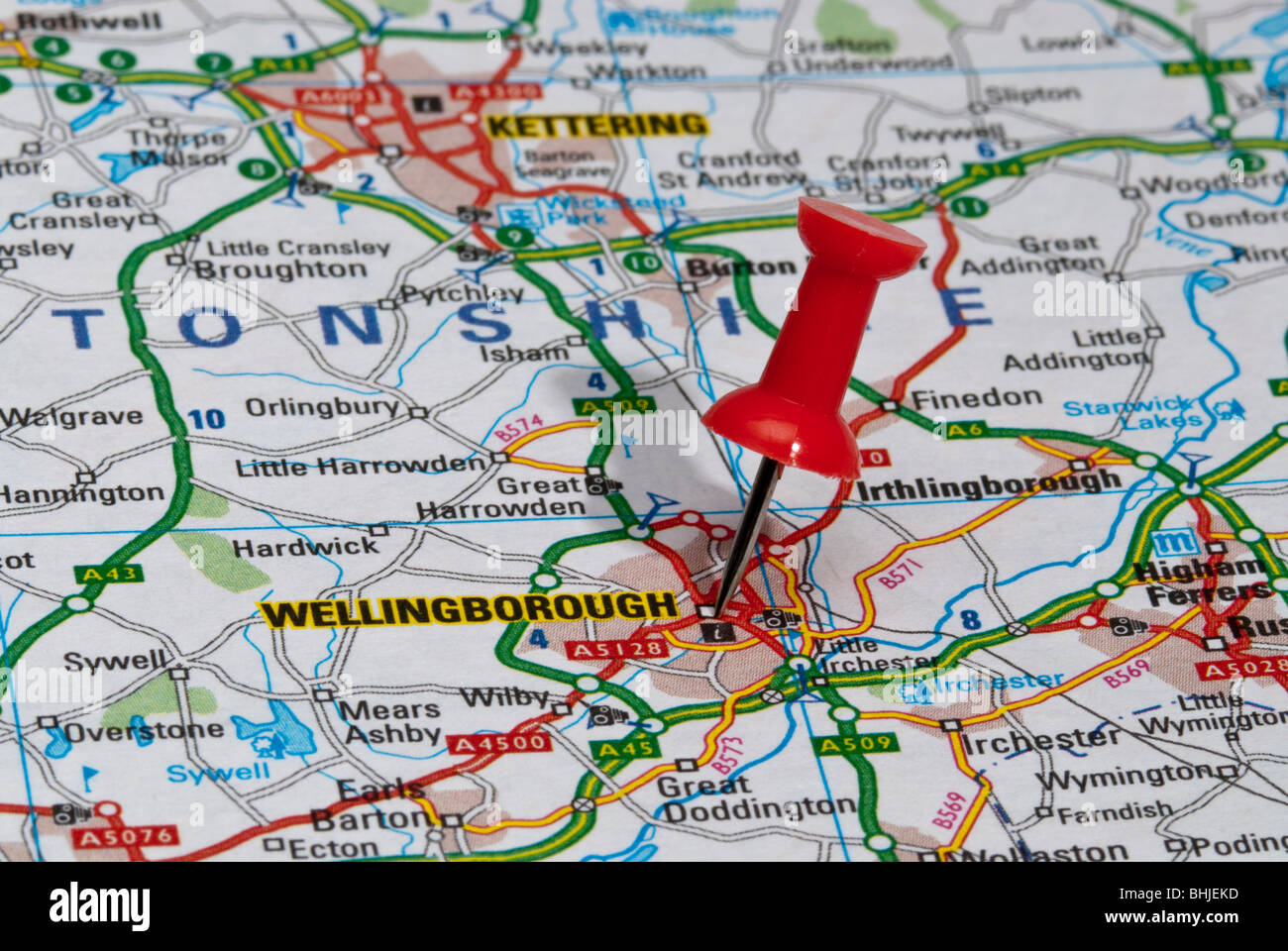 red map pin in road map pointing to city of Wellingborough Stock Photo