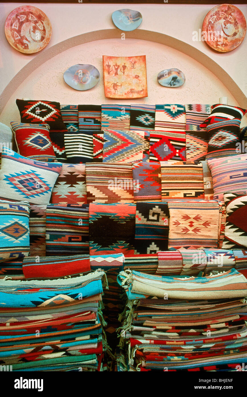 Weaving, pottery, blankets, handicrafts and colorful Indian artwork from the Southwest USA in souvenir shop in Arizona Stock Photo